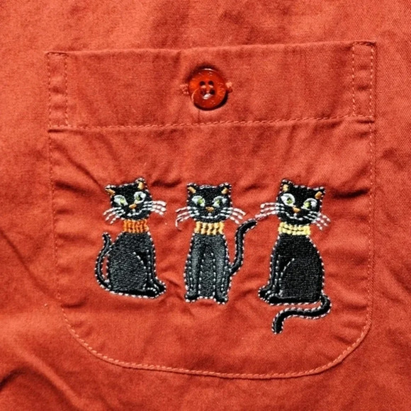 Mountain Lake Button Shirt Orange Black Cats size Large Fall Halloween - Picture 2 of 4